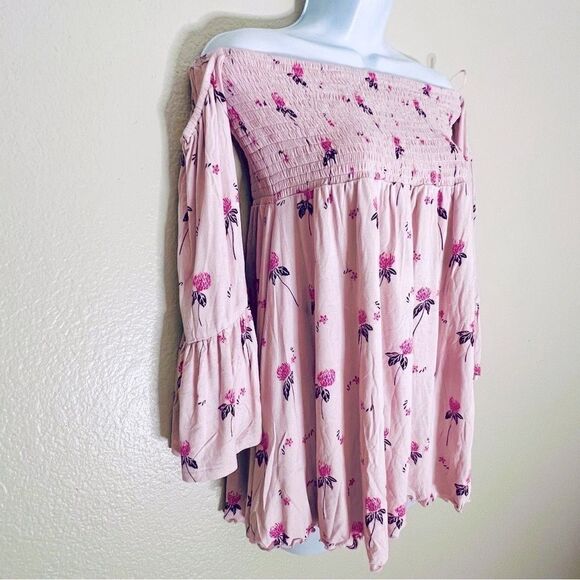 Free People Lana cloudberry, pink floral Rusching Off Shoulder Tunic NWOT large - Picture 5 of 15